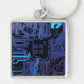 Cyber Blue PCB Circuit Board Trace Pattern Art Keychain