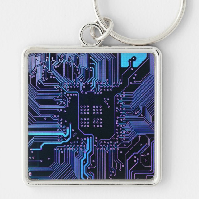 Cyber Blue PCB Circuit Board Trace Pattern Art Keychain (Front)