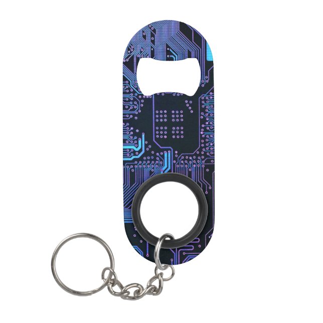 Cyber Blue PCB Circuit Board Trace Pattern Art Keychain Bottle Opener (Front)