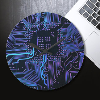 Cyber Blue PCB Circuit Board Trace Pattern Art Large Clock