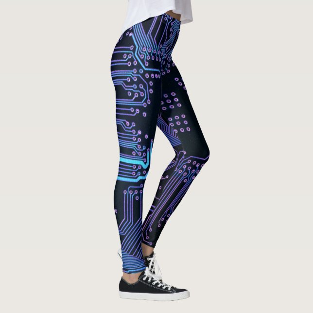 Cyber Blue PCB Circuit Board Trace Pattern Art Leggings (Right)