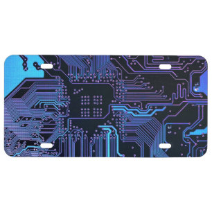 Cyber Blue PCB Circuit Board Trace Pattern Art License Plate