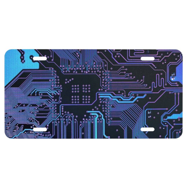 Cyber Blue PCB Circuit Board Trace Pattern Art License Plate (Front)