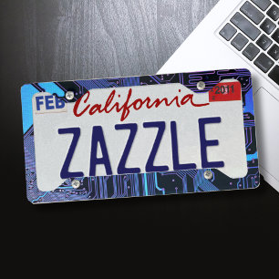 Cyber Blue PCB Circuit Board Trace Pattern Art License Plate Frame