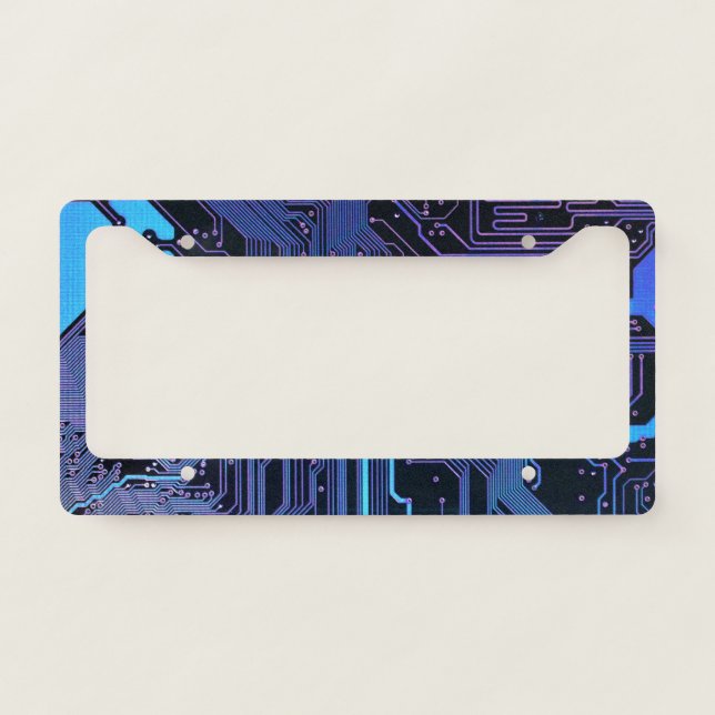Cyber Blue PCB Circuit Board Trace Pattern Art License Plate Frame (Front)