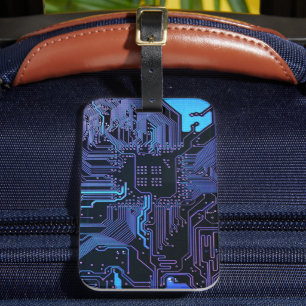 Cyber Blue PCB Circuit Board Trace Pattern Art Luggage Tag