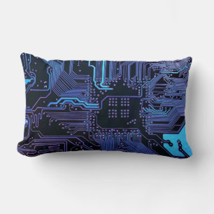 Cyber Blue PCB Circuit Board Trace Pattern Art Lumbar Pillow