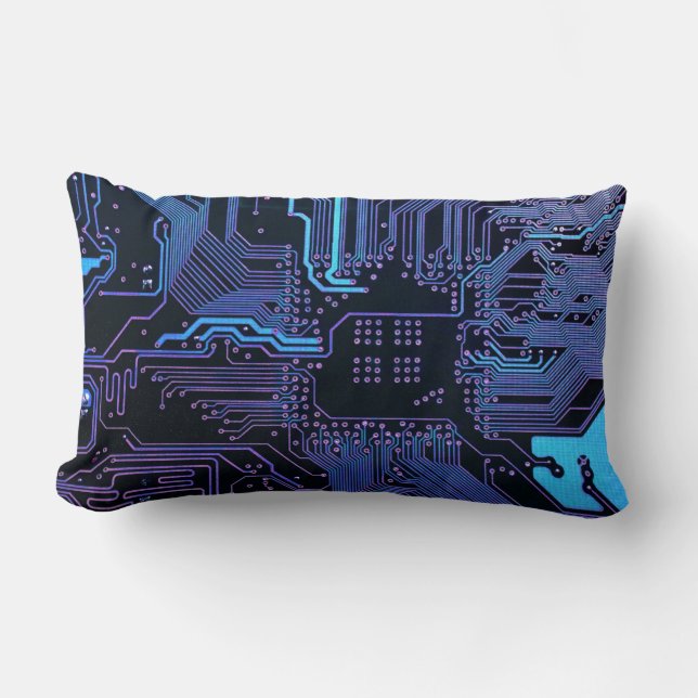 Cyber Blue PCB Circuit Board Trace Pattern Art Lumbar Pillow (Front)