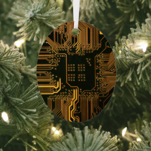 Cyber Blue PCB Circuit Board Trace Pattern Art Metal Ornament