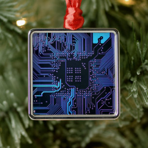 Cyber Blue PCB Circuit Board Trace Pattern Art Metal Ornament