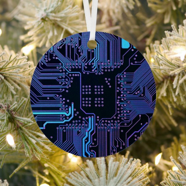 Cyber Blue PCB Circuit Board Trace Pattern Art Metal Ornament (Insitu)