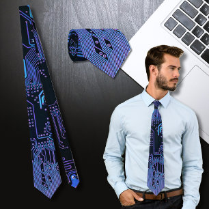 Cyber Blue PCB Circuit Board Trace Pattern Art Neck Tie