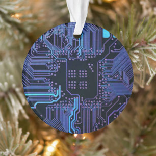 Cyber Blue PCB Circuit Board Trace Pattern Art Ornament