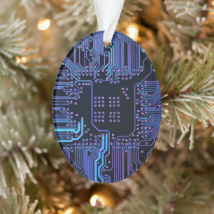Cyber Blue PCB Circuit Board Trace Pattern Art Ornament