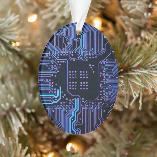 Cyber Blue PCB Circuit Board Trace Pattern Art Ornament (Tree)