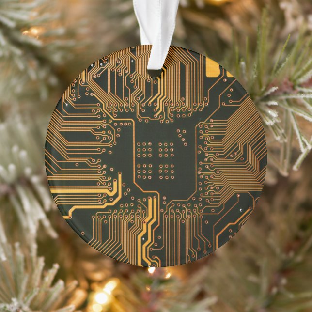 Cyber Blue PCB Circuit Board Trace Pattern Art Ornament (Tree)