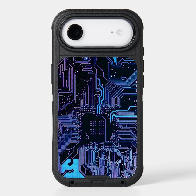 Cyber Blue PCB Circuit Board Trace Pattern Art Otterbox iPhone Case (Back)