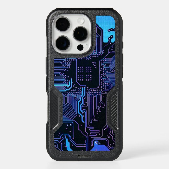 Cyber Blue PCB Circuit Board Trace Pattern Art Otterbox iPhone Case (Back)