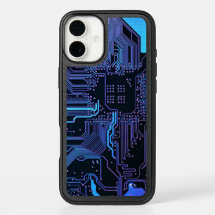 Cyber Blue PCB Circuit Board Trace Pattern Art iPhone 16 Plus Case