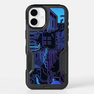Cyber Blue PCB Circuit Board Trace Pattern Art iPhone 16 Plus Case
