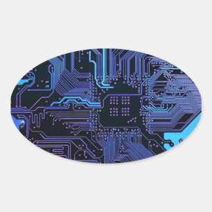 Cyber Blue PCB Circuit Board Trace Pattern Art Oval Sticker