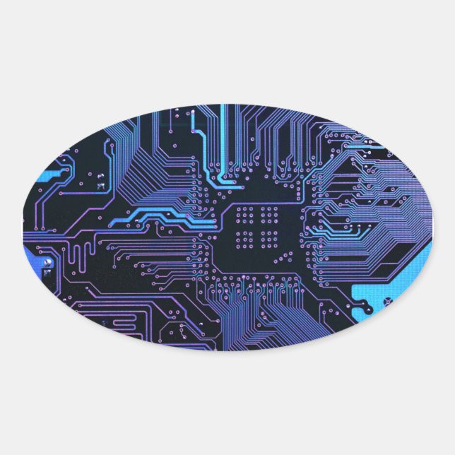 Cyber Blue PCB Circuit Board Trace Pattern Art Oval Sticker (Front)