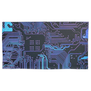 Cyber Blue PCB Circuit Board Trace Pattern Art Pillow Case