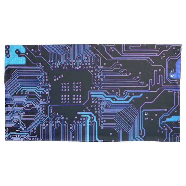 Cyber Blue PCB Circuit Board Trace Pattern Art Pillow Case (Front-Left)