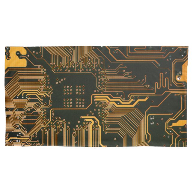 Cyber Blue PCB Circuit Board Trace Pattern Art Pillow Case (Front-Left)