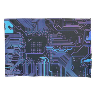 Cyber Blue PCB Circuit Board Trace Pattern Art Pillow Case