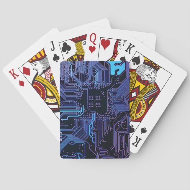 Cyber Blue PCB Circuit Board Trace Pattern Art Poker Cards (Back)