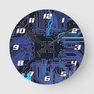 Cyber Blue PCB Circuit Board Trace Pattern Art Round Clock