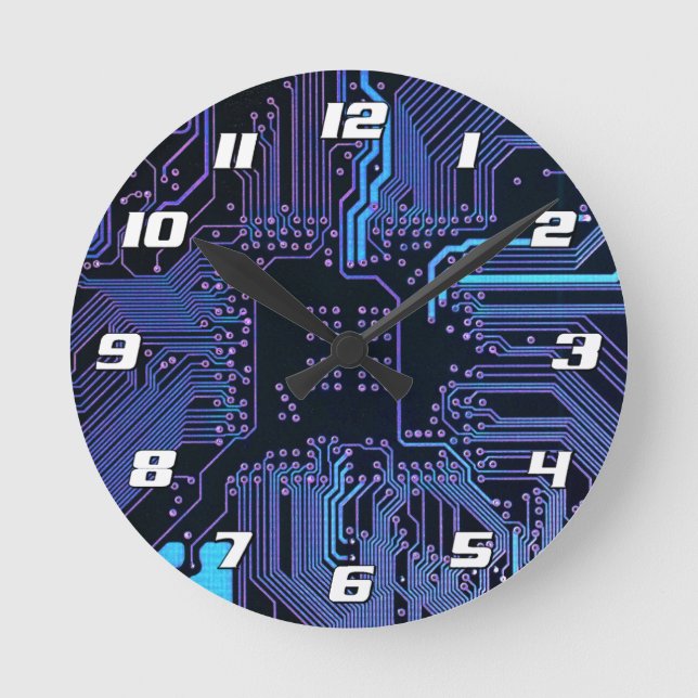 Cyber Blue PCB Circuit Board Trace Pattern Art Round Clock (Front)