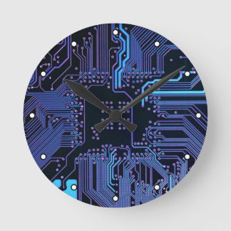 Cyber Blue PCB Circuit Board Trace Pattern Art Round Clock