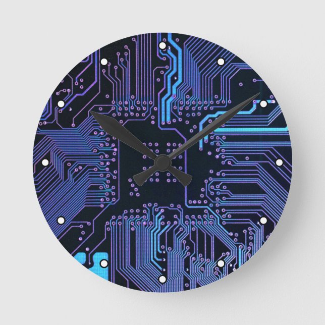 Cyber Blue PCB Circuit Board Trace Pattern Art Round Clock (Front)
