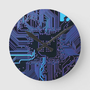 Cyber Blue PCB Circuit Board Trace Pattern Art Round Clock