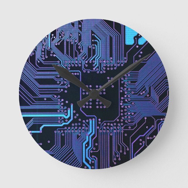 Cyber Blue PCB Circuit Board Trace Pattern Art Round Clock (Front)