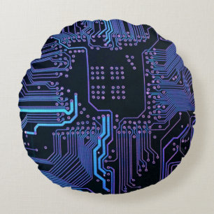 Cyber Blue PCB Circuit Board Trace Pattern Art Round Pillow