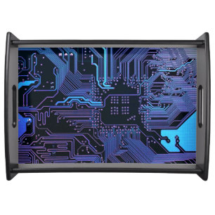 Cyber Blue PCB Circuit Board Trace Pattern Art Serving Tray