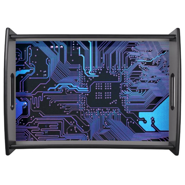 Cyber Blue PCB Circuit Board Trace Pattern Art Serving Tray (Front)