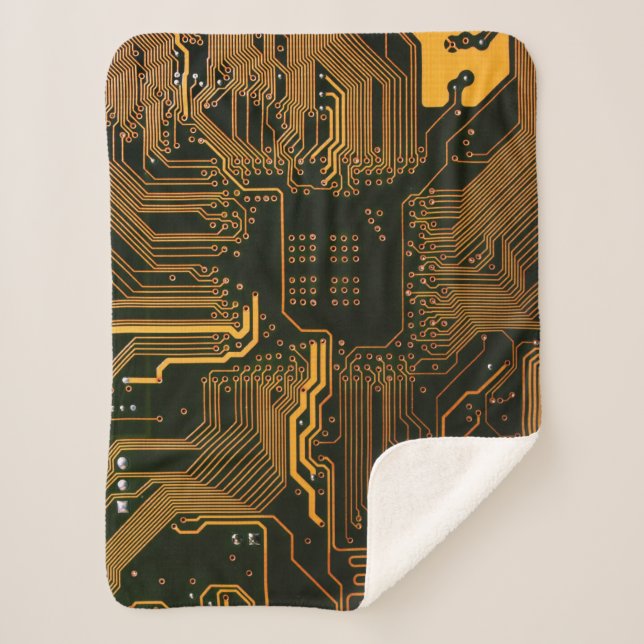 Cyber Blue PCB Circuit Board Trace Pattern Art Sherpa Blanket (Front)