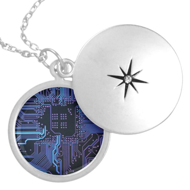 Cyber Blue PCB Circuit Board Trace Pattern Art Silver Plated Necklace (Front)