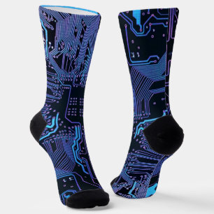 Cyber Blue PCB Circuit Board Trace Pattern Art Socks