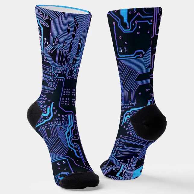 Cyber Blue PCB Circuit Board Trace Pattern Art Socks (Angled)