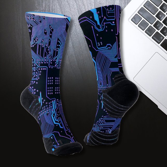 Cyber Blue PCB Circuit Board Trace Pattern Art Socks (Creator Uploaded)