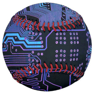Cyber Blue PCB Circuit Board Trace Pattern Art Softball