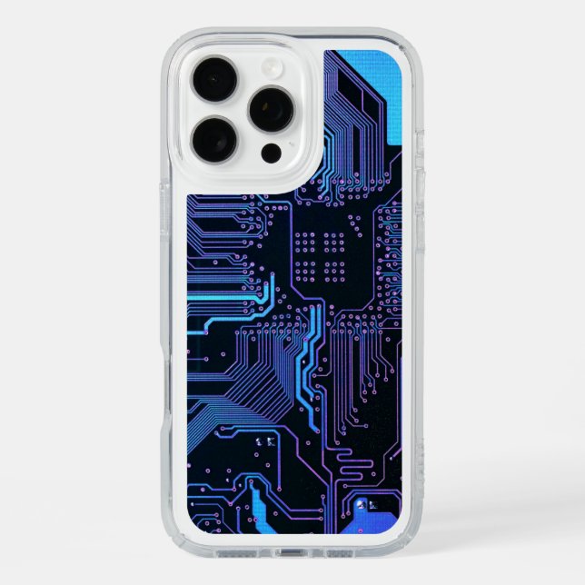 Cyber Blue PCB Circuit Board Trace Pattern Art Speck iPhone Case (Front)