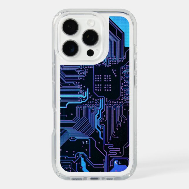 Cyber Blue PCB Circuit Board Trace Pattern Art Speck iPhone Case (Front)