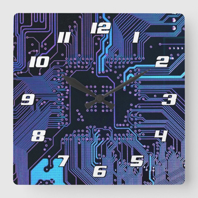 Cyber Blue PCB Circuit Board Trace Pattern Art Square Wall Clock (Front)