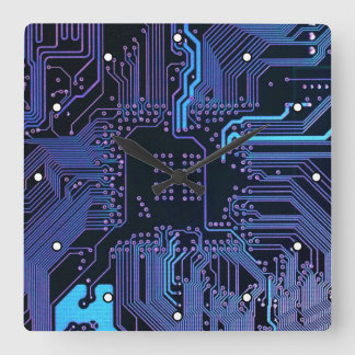 Cyber Blue PCB Circuit Board Trace Pattern Art Square Wall Clock